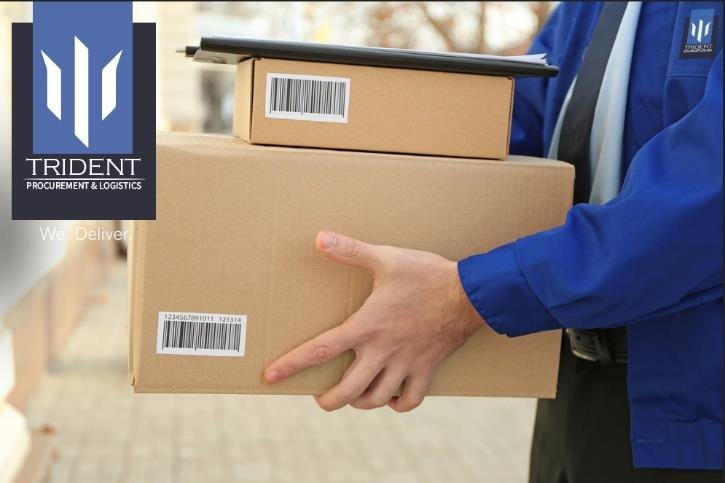 Trident courier in company uniform carrying a sealed consignment for delivery